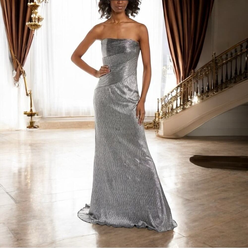 Rene‎ Ruiz Strapless Gown Silver Metallic Size 10 New with tags Retails $1395